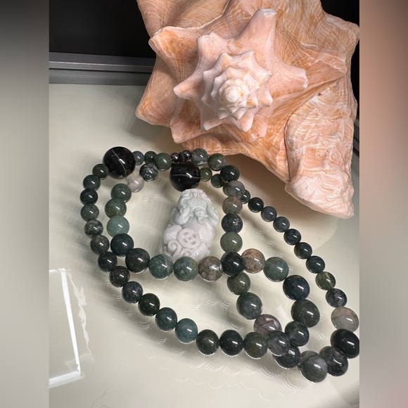 MOSS AGATE + ONYX + PIXIU JADE STONES NATURAL NECKLACE - Picture 8 of 14